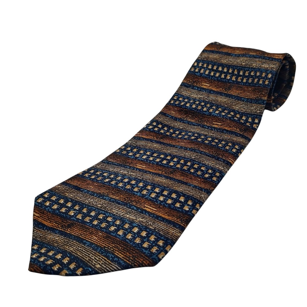 Rasel‎ Silk Tie Brown Blue Gold Geometric Pattern Mens Necktie Made In Turkey